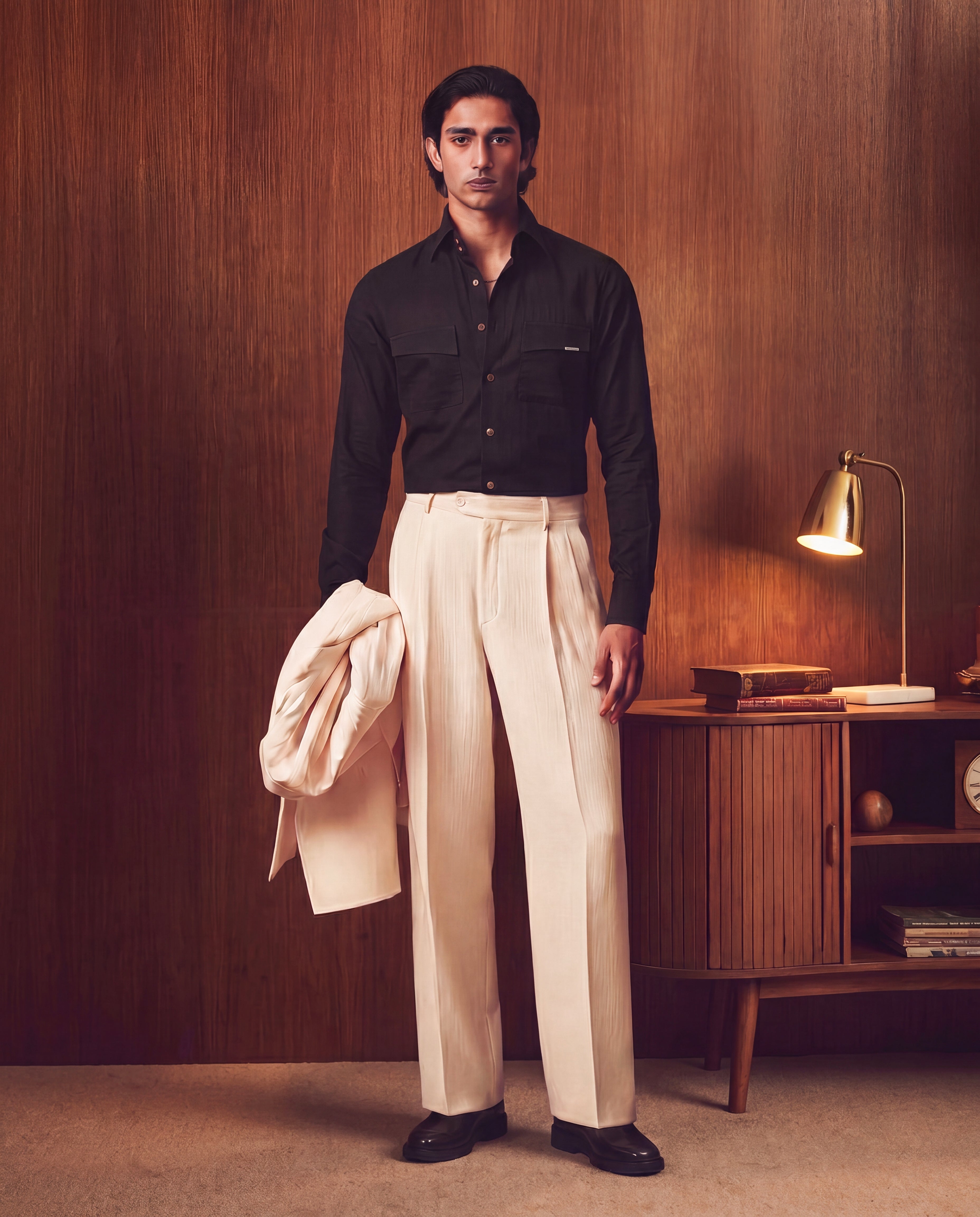 Black Linen 2-Buttons Cut-away Collar Shirt