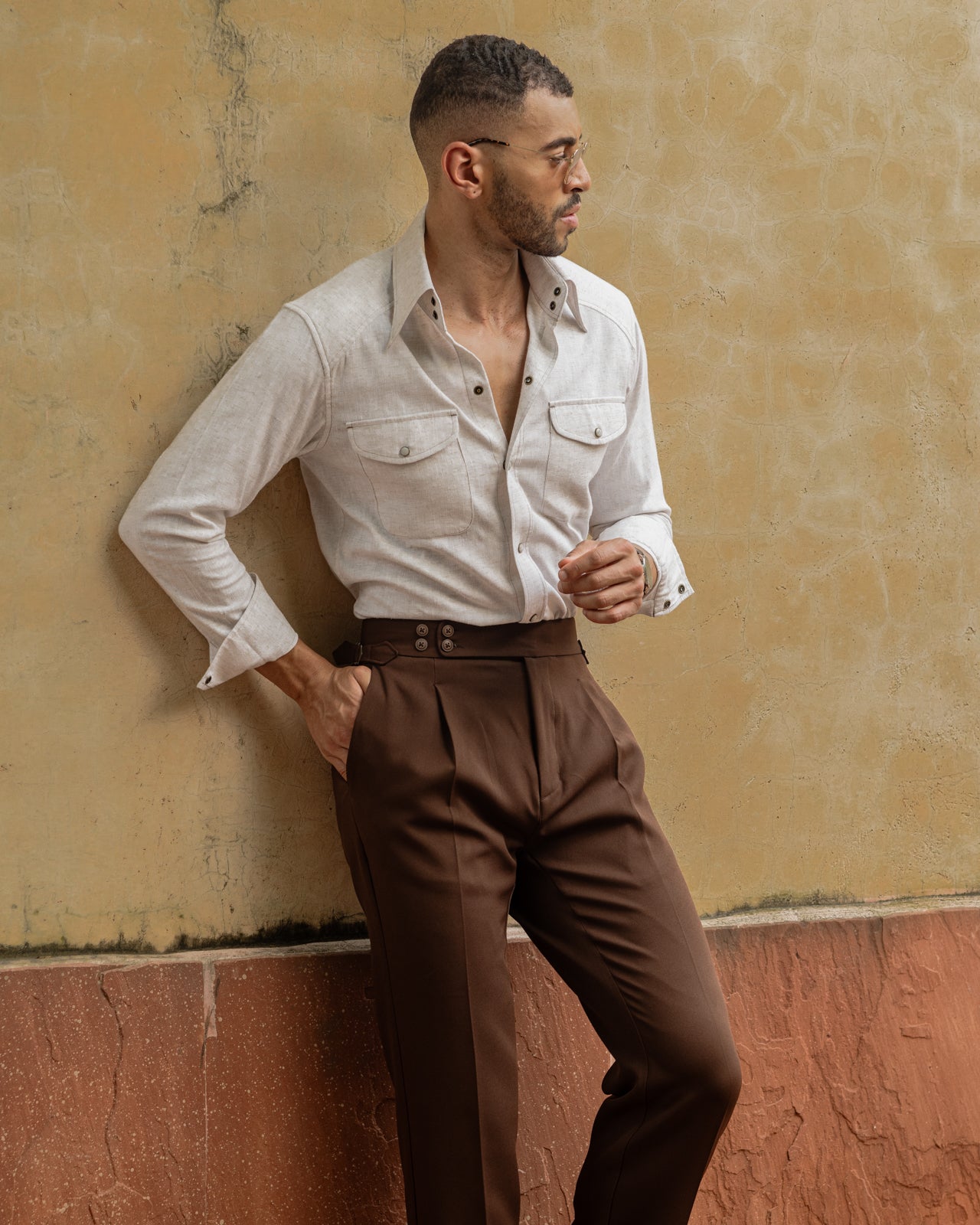 70's Long Collar Vintage Cream Textured Shirt