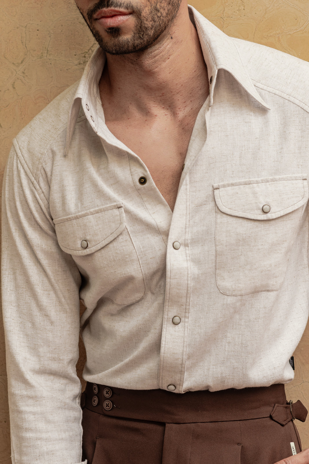 70's Long Collar Vintage Cream Textured Shirt