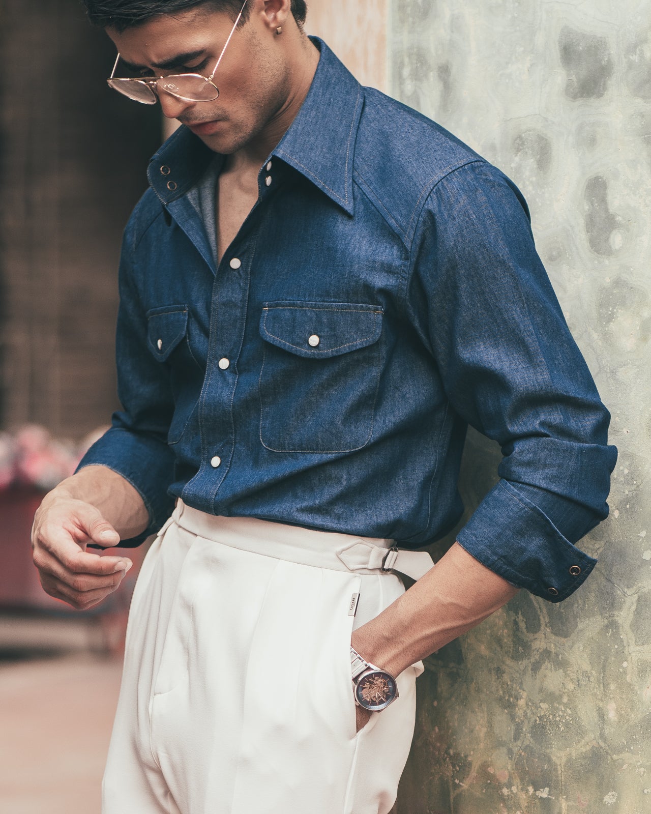 70's Long Collar Vintage Denim Shirt
