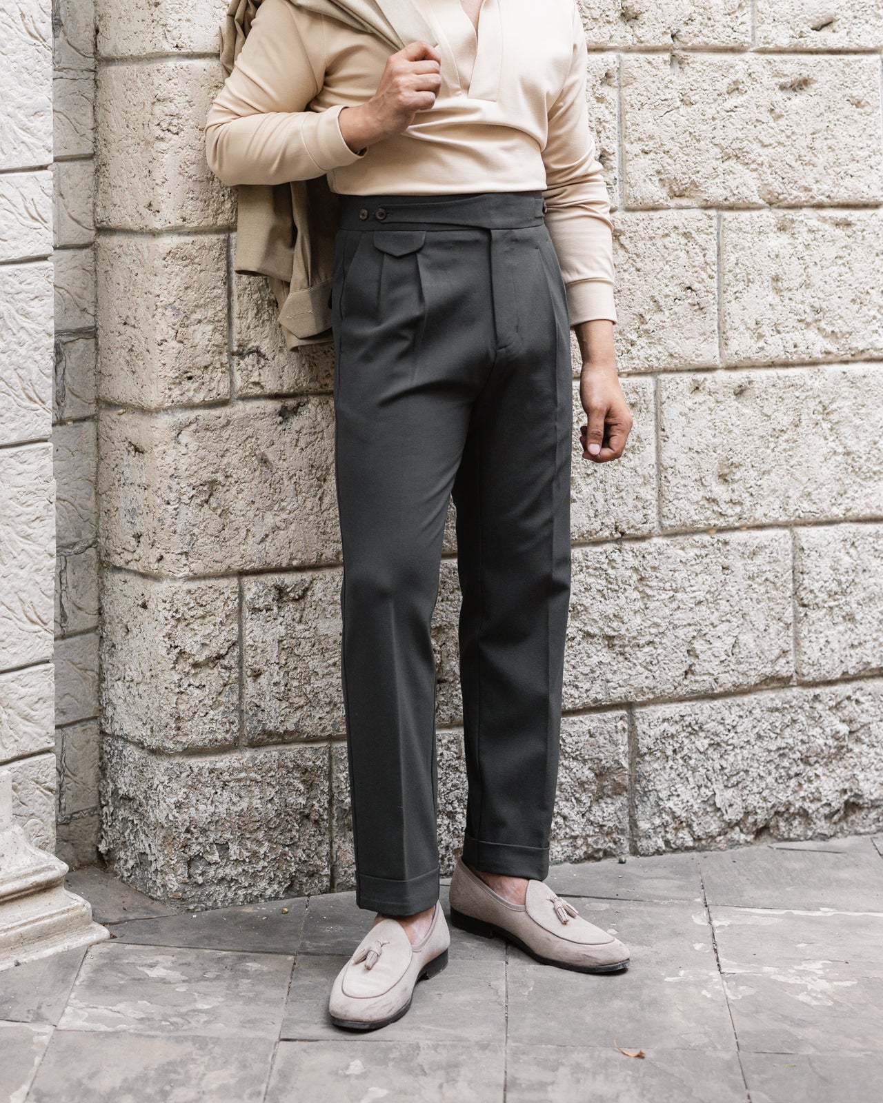 Charcoal Grey Double Pleated Gurkha Trouser