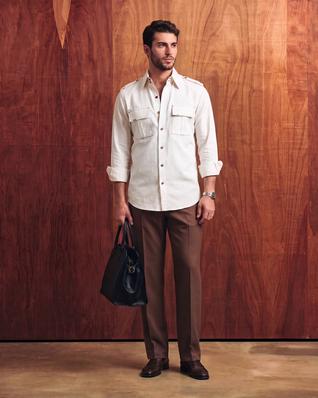 60’s White Textured Topstitched Field Shirt