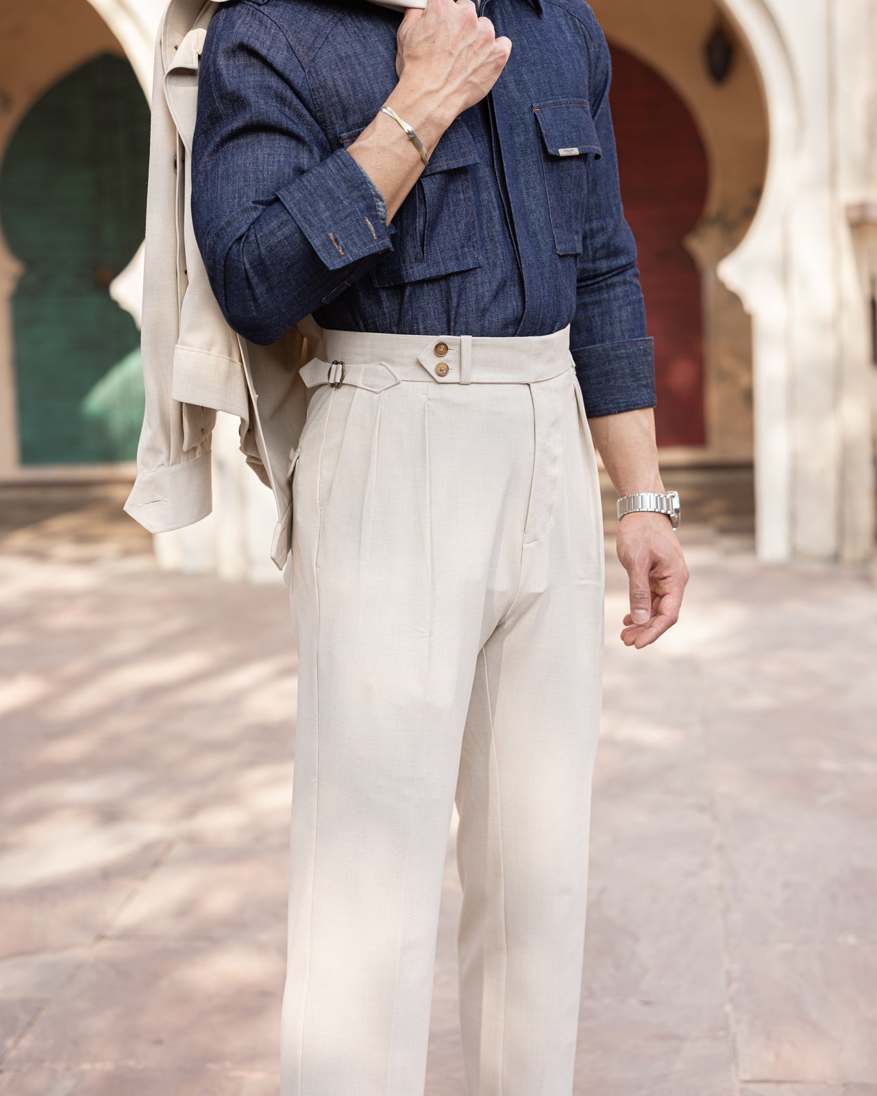 Beige Double Pleated Gurkha Trousers (Fit 201 : Tailored Straight - High Rise)