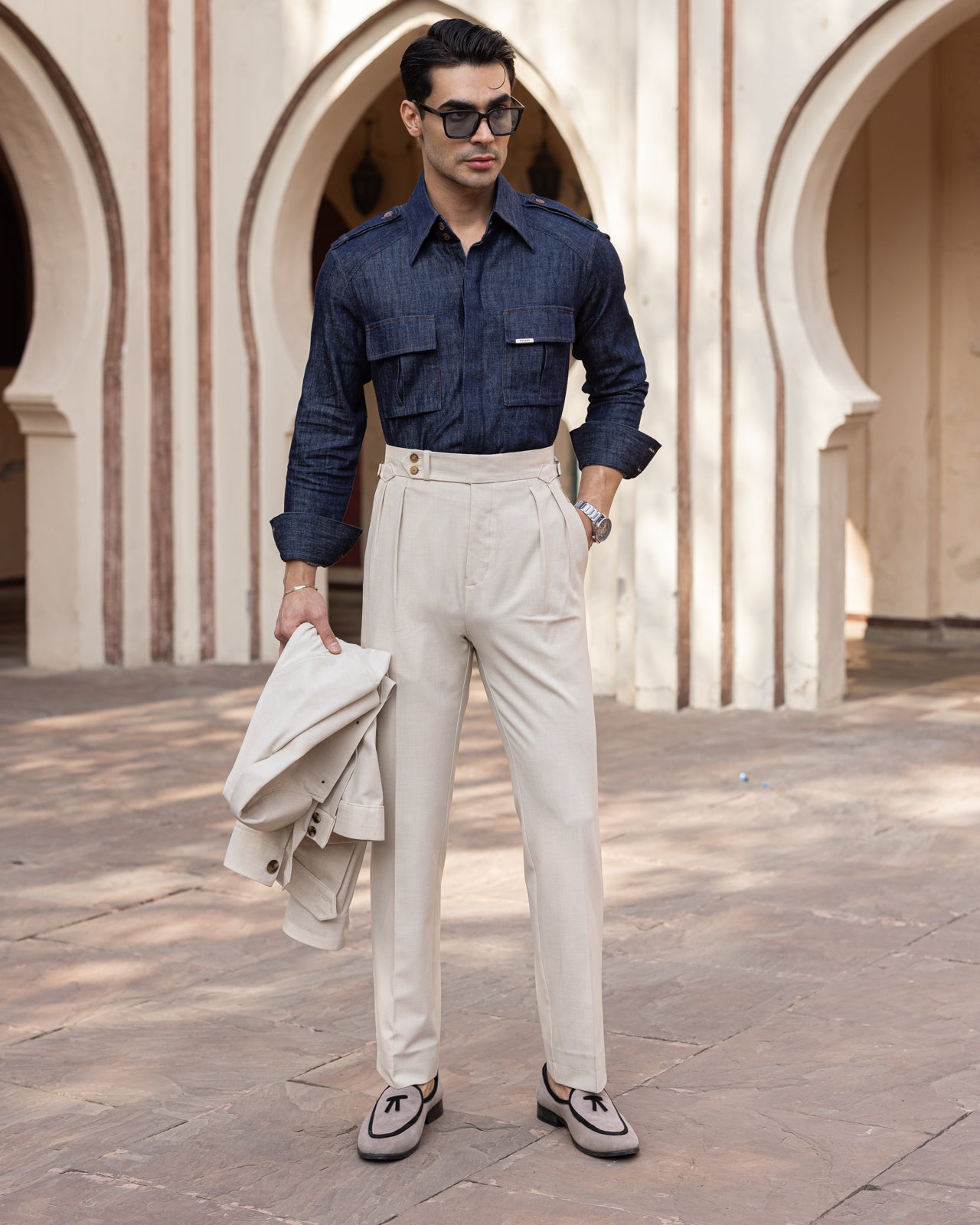 Beige Double Pleated Gurkha Trousers (Fit 201 : Tailored Straight - High Rise)