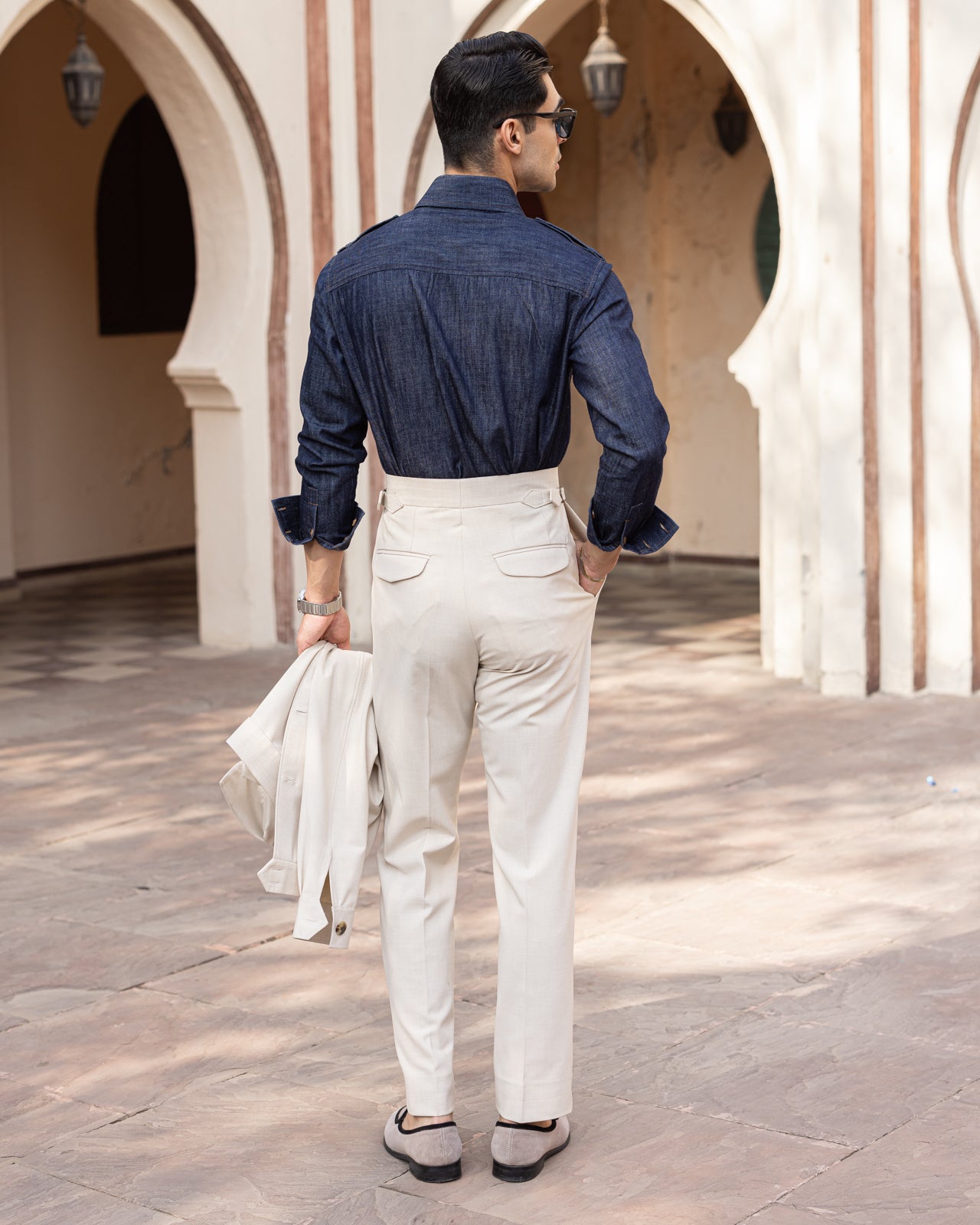 Beige Double Pleated Gurkha Trousers (Fit 201 : Tailored Straight - High Rise)