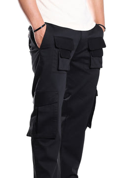 Black 10-Pocket Cargo Stretch Pants (Straight Fit)