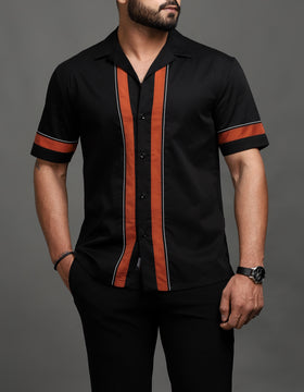 Rust Stripe Topstitched Black Shirt (Studio Collection)