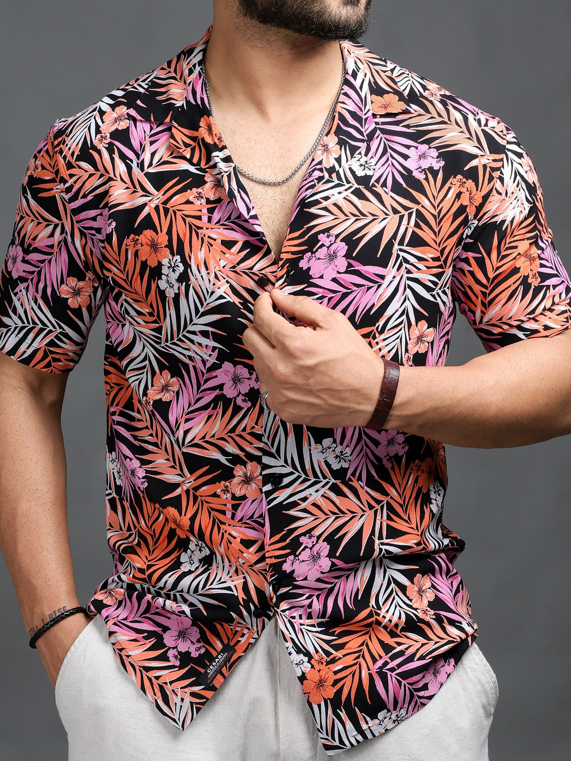 Black Orange Leaf Print Resort Shirt