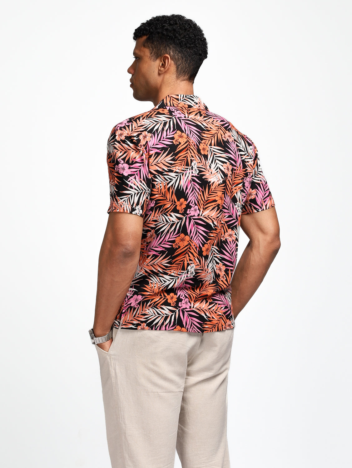 Black Orange Leaf Print Resort Shirt