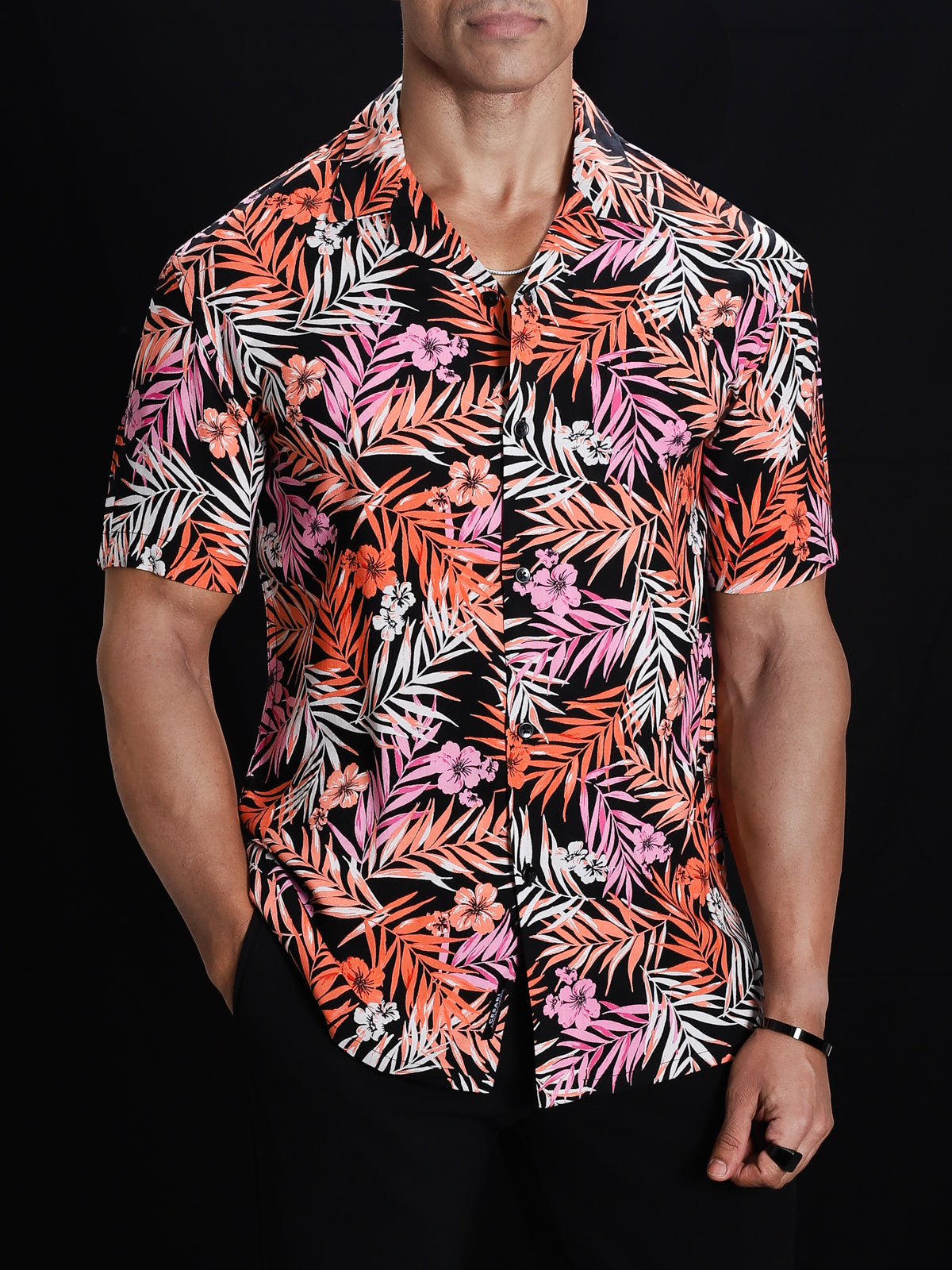 Black Orange Leaf Print Resort Shirt