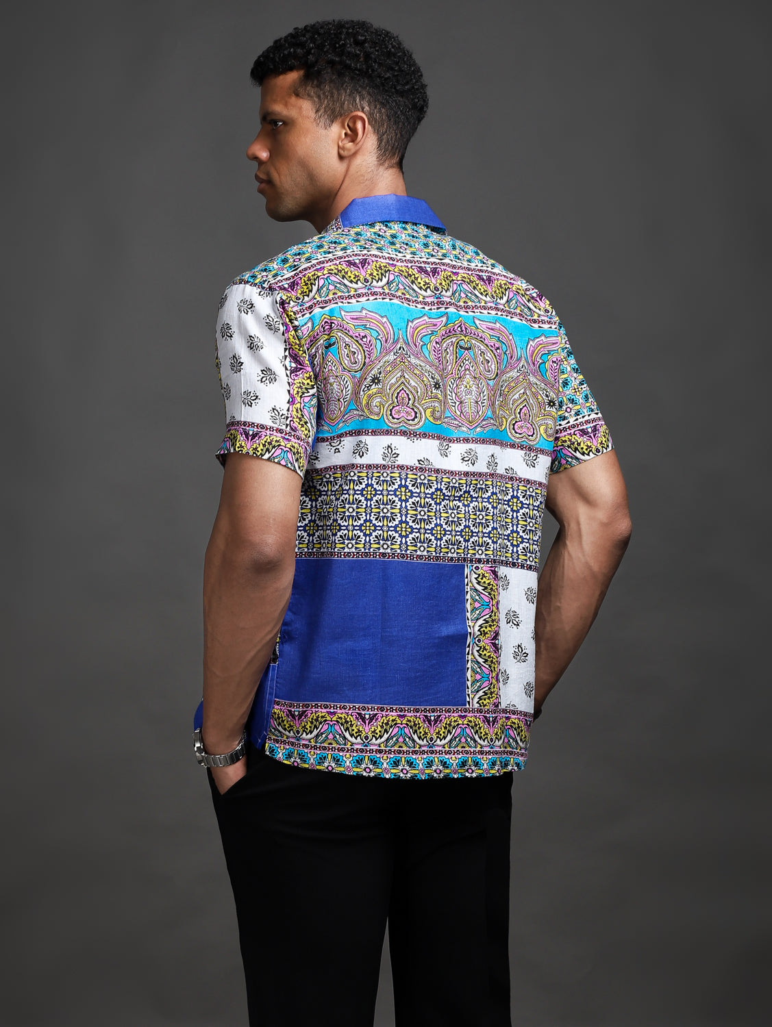 Blue Scarf Print 100% Pure Linen Shirt