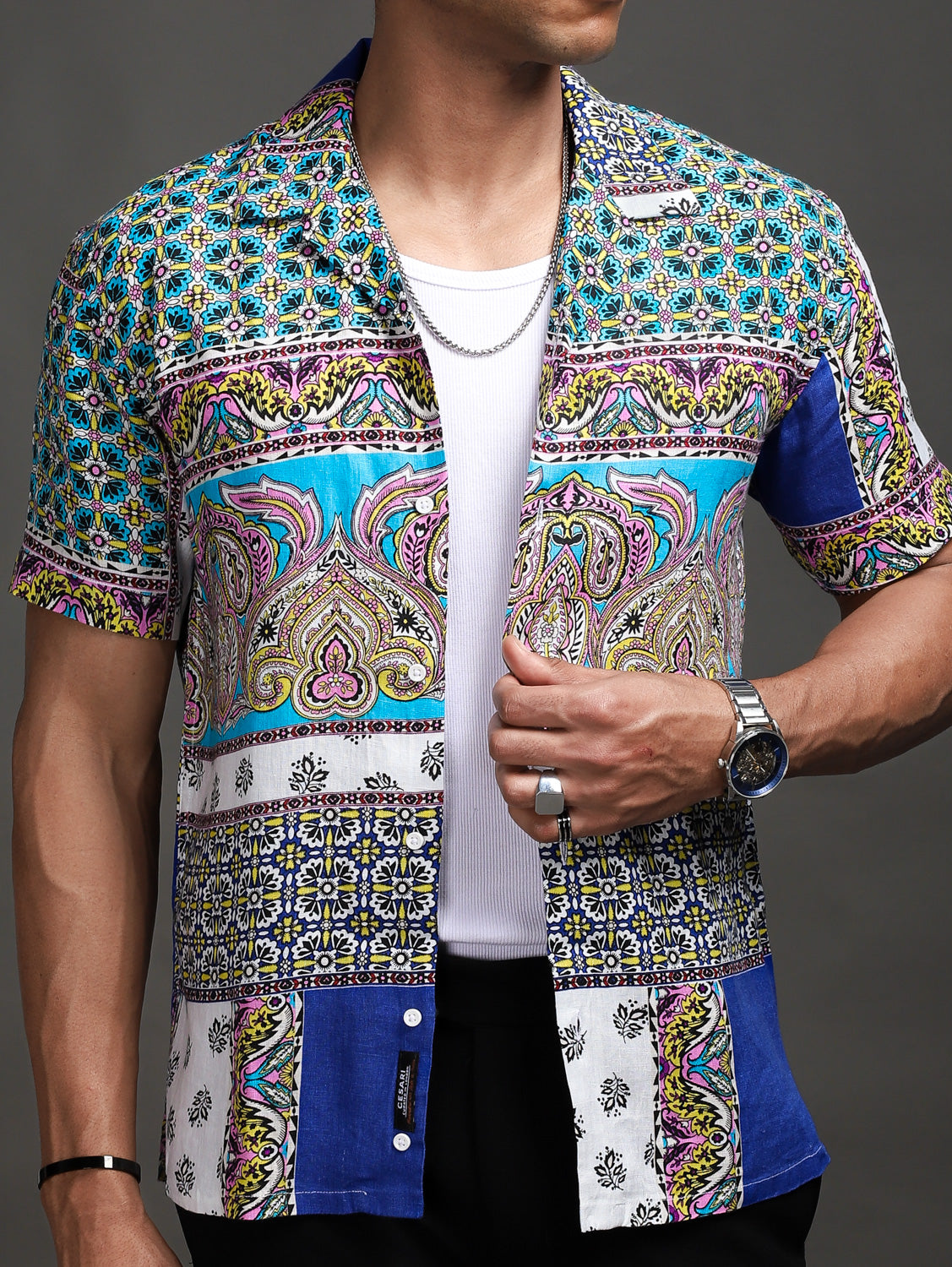 Blue Scarf Print 100% Pure Linen Shirt