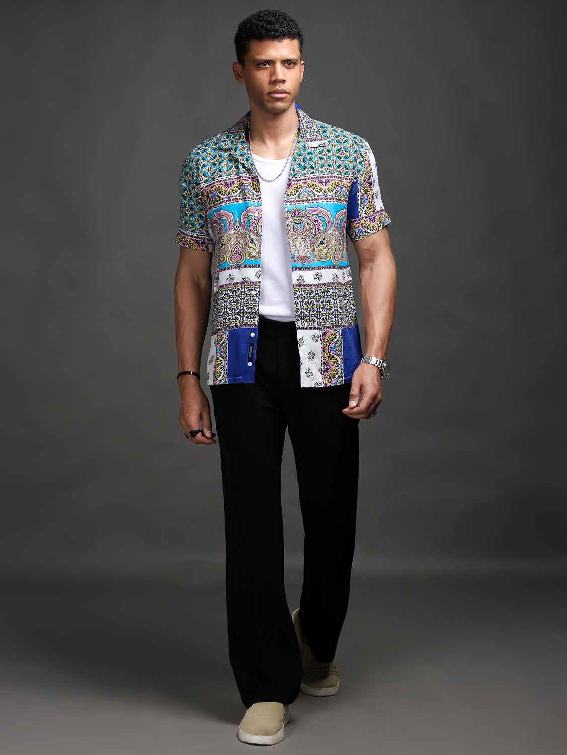 Blue Scarf Print 100% Pure Linen Shirt