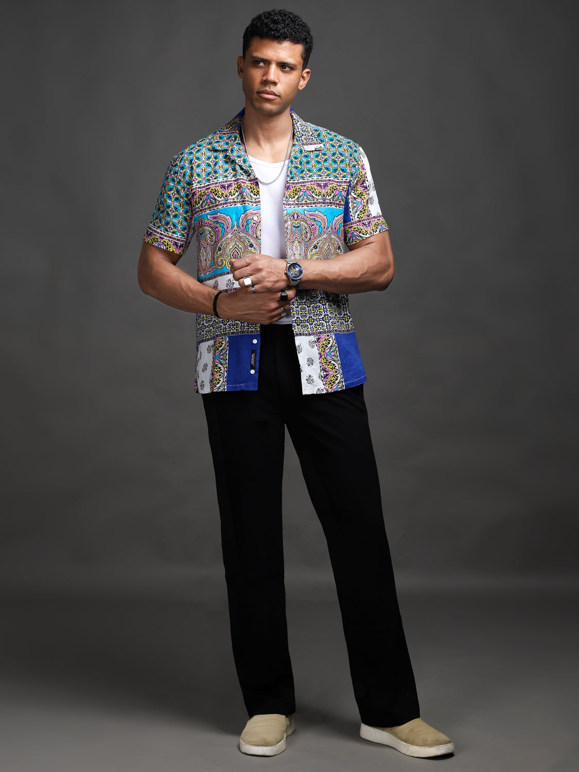 Blue Scarf Print 100% Pure Linen Shirt