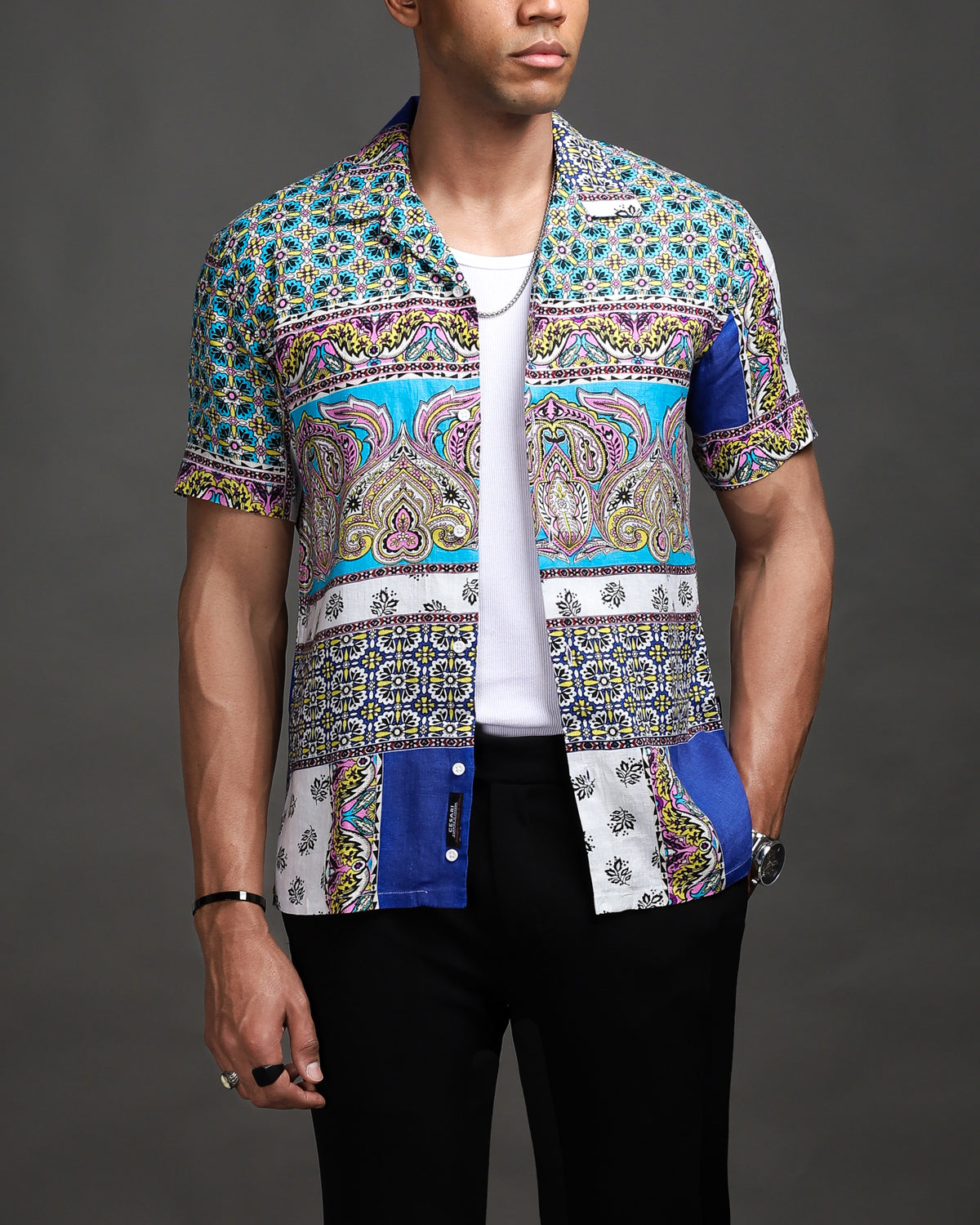 Blue Scarf Print 100% Pure Linen Shirt