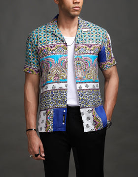 Blue Scarf Print 100% Pure Linen Shirt