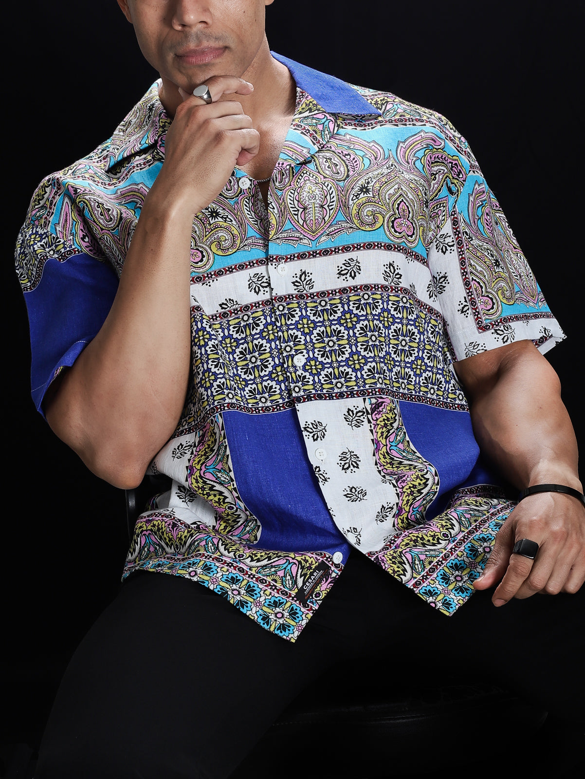 Blue Scarf Print 100% Pure Linen Shirt