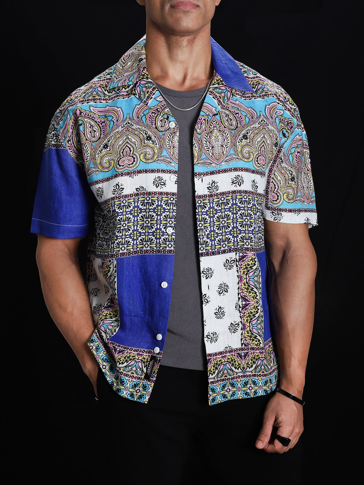 Blue Scarf Print 100% Pure Linen Shirt