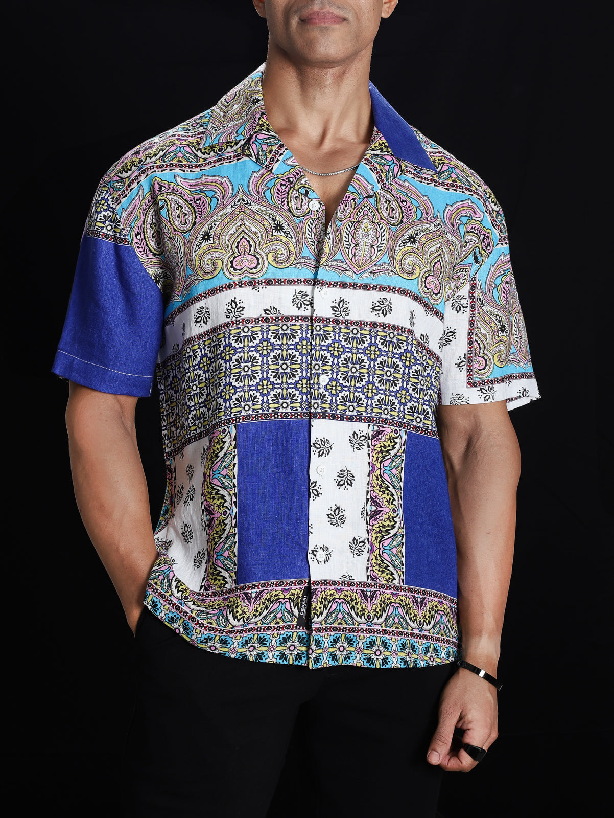 Blue Scarf Print 100% Pure Linen Shirt