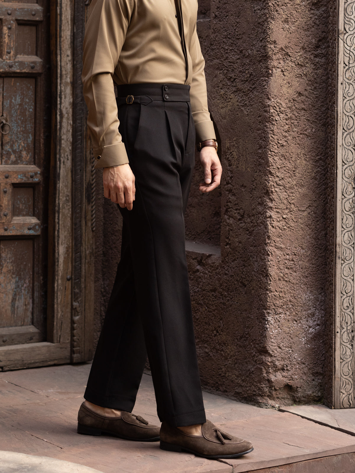 Burnt Black Single Pleated Gurkha Trousers (Fit 201 : Tailored Straight - High Rise)