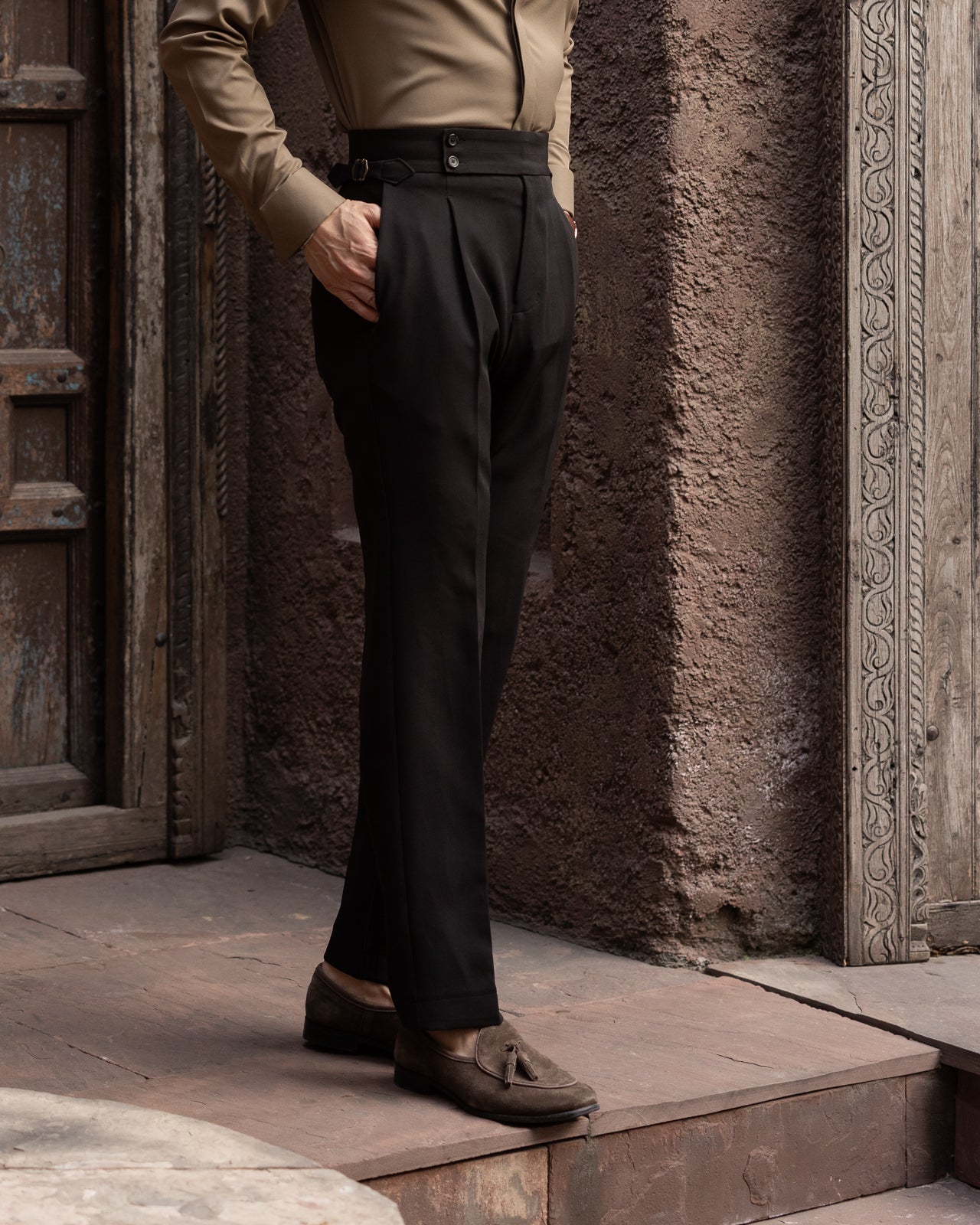 Burnt Black Single Pleated Gurkha Trousers (Fit 201 : Tailored Straight - High Rise)
