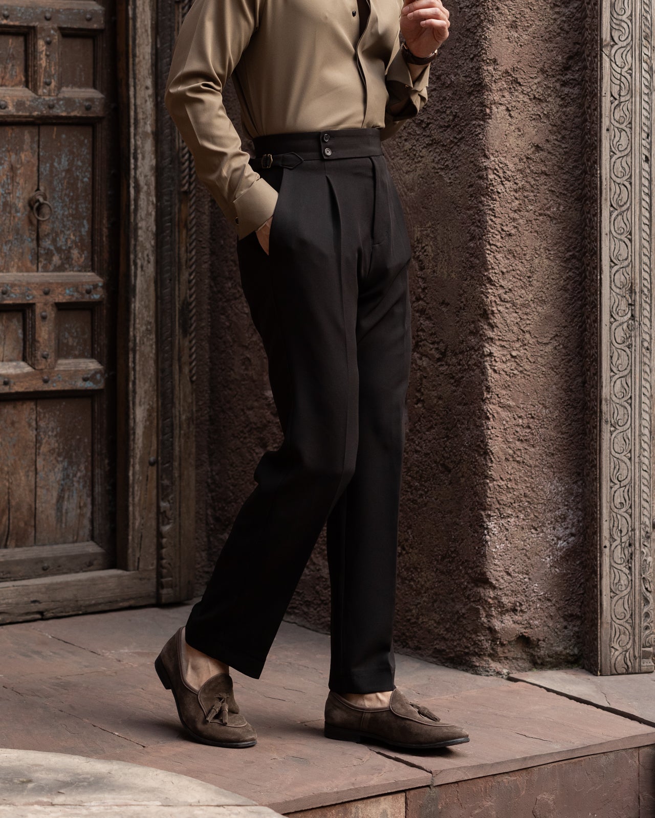 Burnt Black Single Pleated Gurkha Trousers (Fit 201 : Tailored Straight - High Rise)