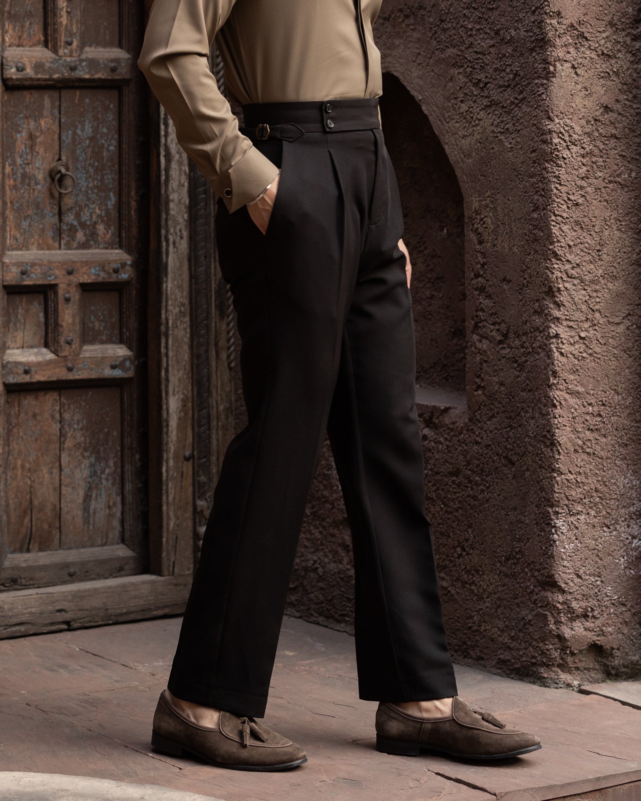 Burnt Black Single Pleated Gurkha Trousers (Fit 201 : Tailored Straight - High Rise)