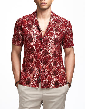 Burnt Red Snake Print Cuban Shirt