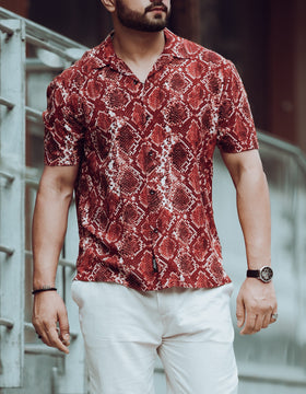 Burnt Red Snake Print Cuban Shirt