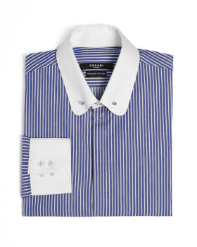 Collar-Pin Blue Striped Shirt (Pin Included)