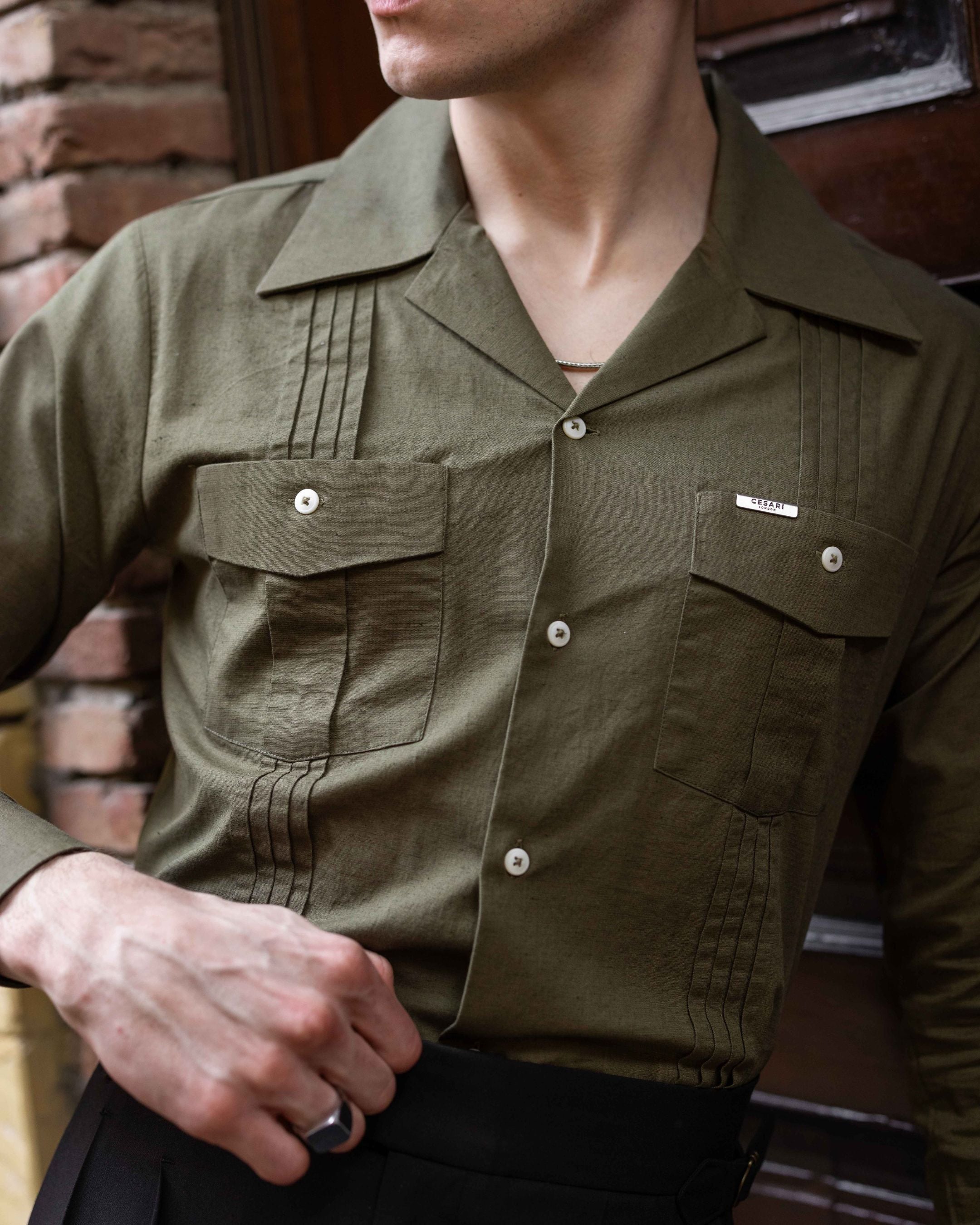 Olive Slate Linen Pleated Cuban Shirt