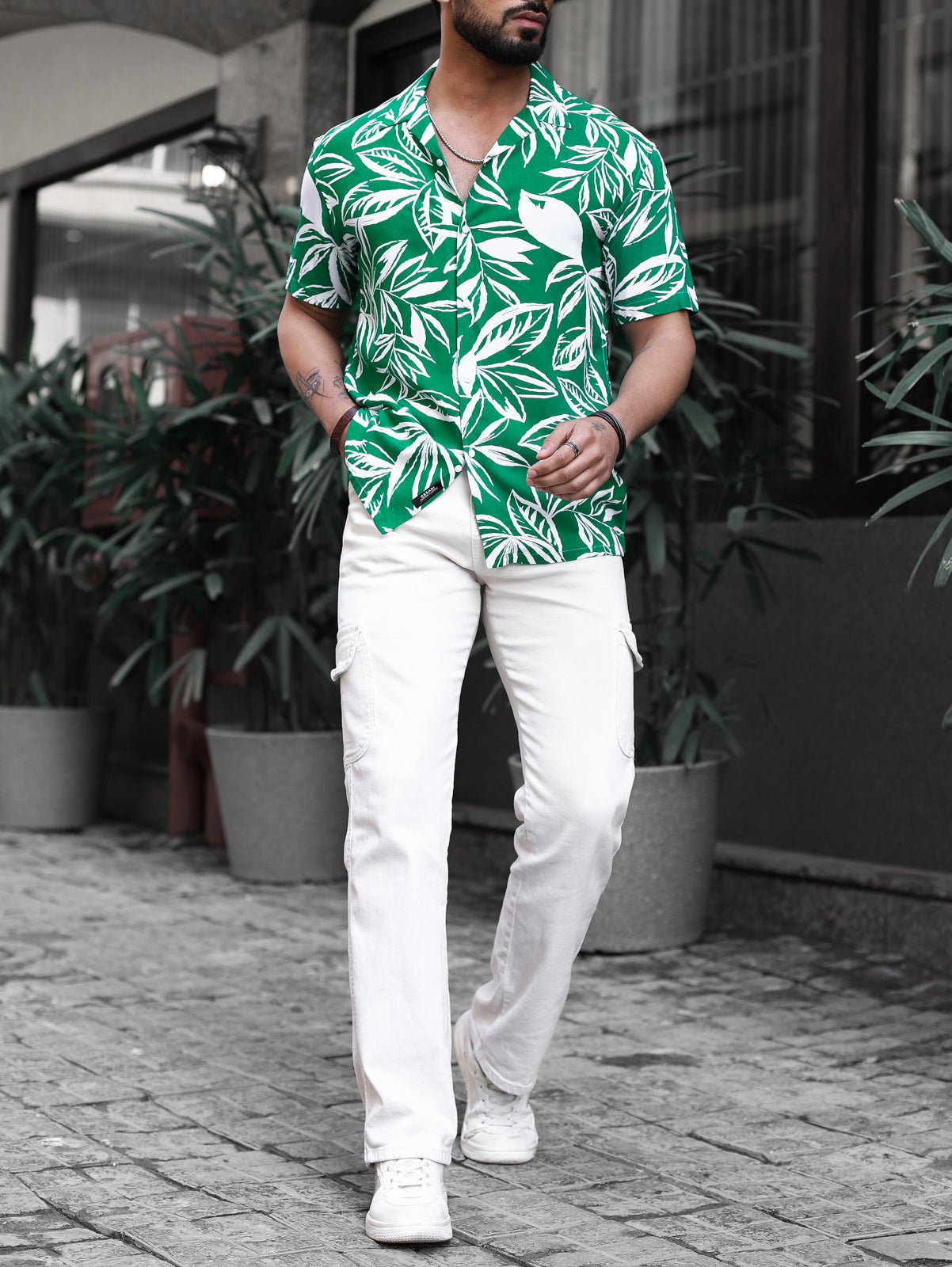 Emerald Green Leaves Print Shirt
