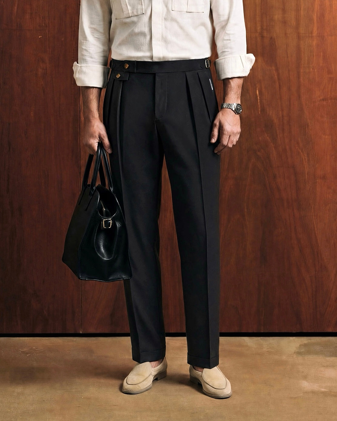 Sartorial Black Double Pleated Italian Trousers (Fit 101 : Tapered Leg - Mid Rise)