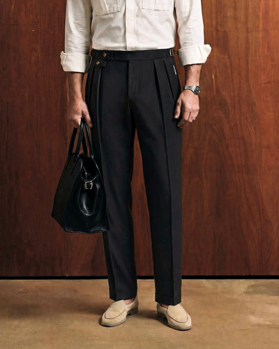 Sartorial Black Double Pleated Italian Trousers (Fit 101 : Tapered Leg - Mid Rise)