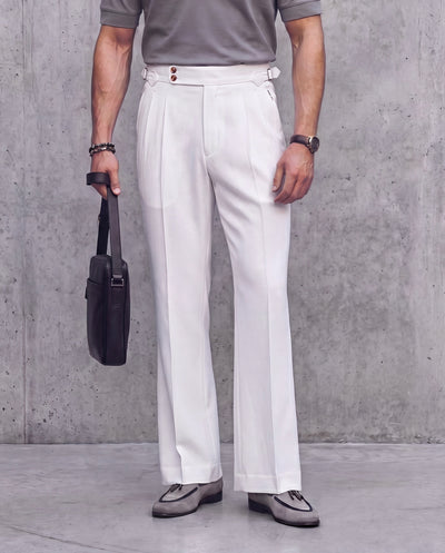 Bianco White Flared Cut Double Pleated Trousers (Fit 401 : Flared Cut - High Rise)