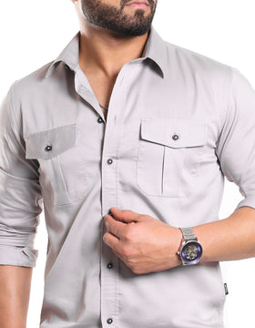 Steel Grey Pleated Pockets Stretch Shirt (Premium)