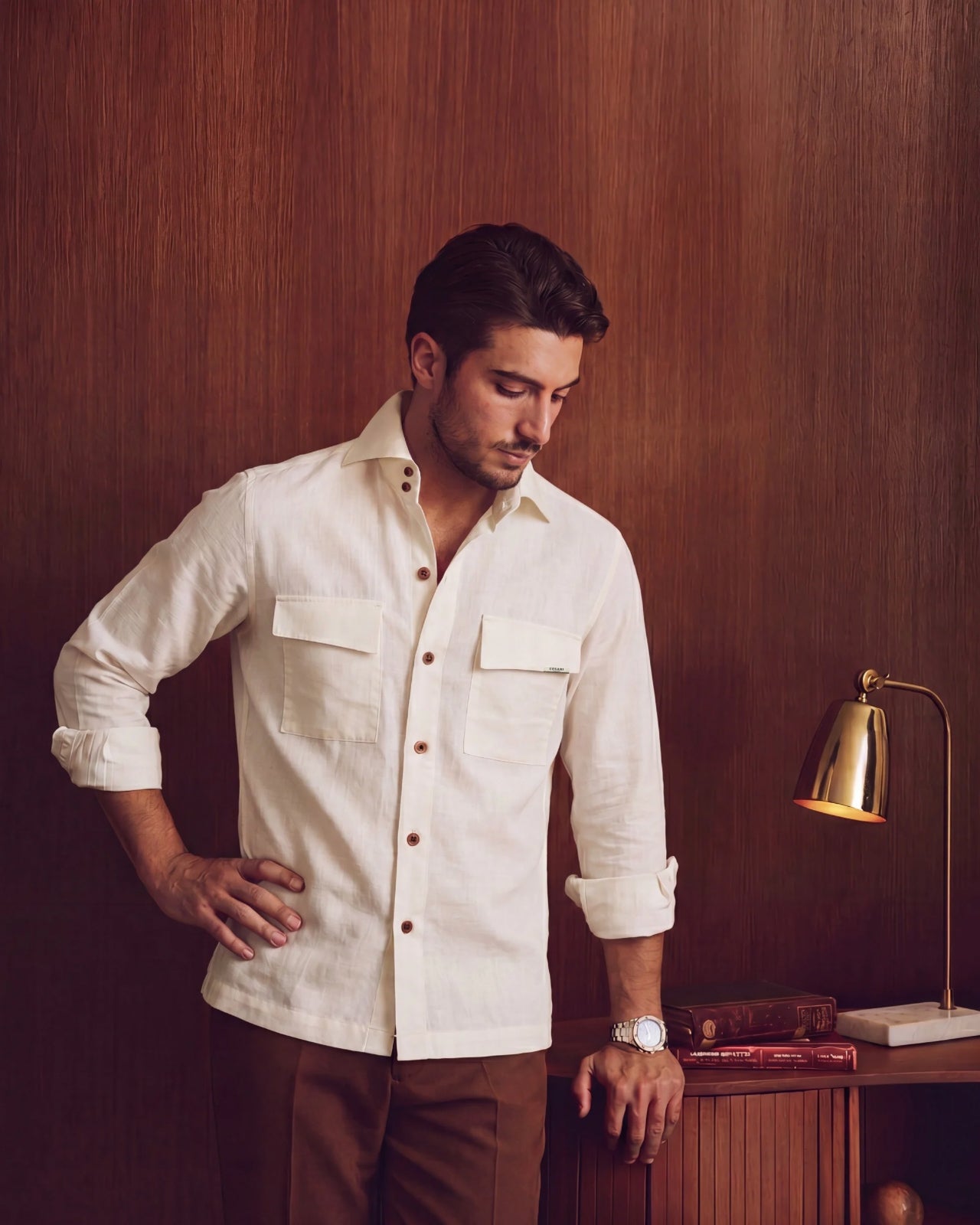 Off White Linen 2-Buttons Cut-away Collar Shirt
