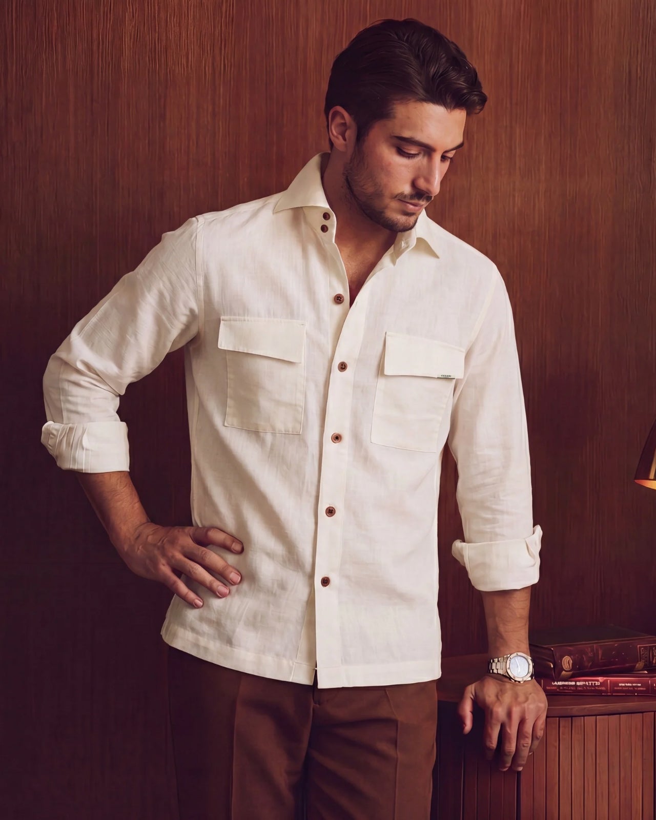 Off White Linen 2-Buttons Cut-away Collar Shirt