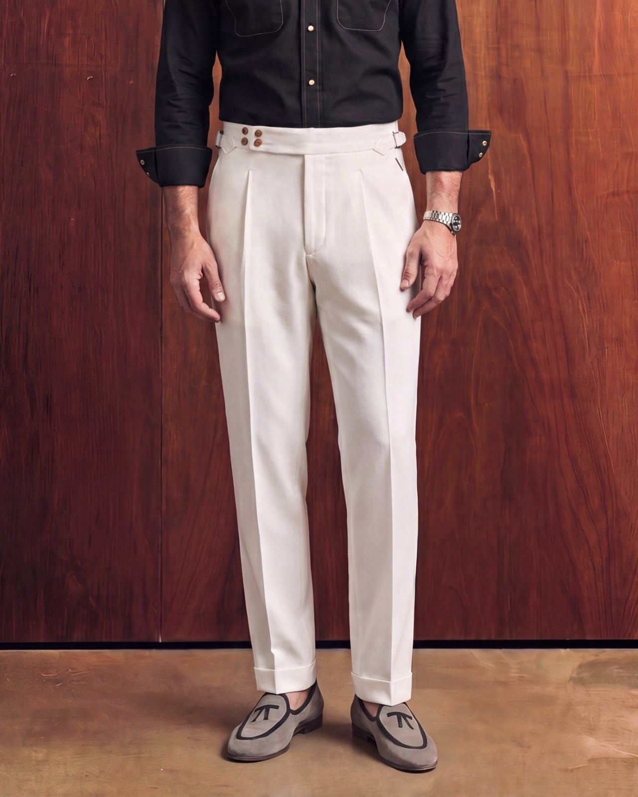 White 4-Buttons Single Pleated Gurkha Trousers (Fit 201 : Tailored Straight - Mid Rise)