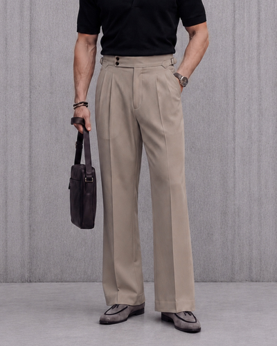 Taupe Grey Flared Cut Double Pleated Trousers (Fit 401 : Flared Cut - High Rise)