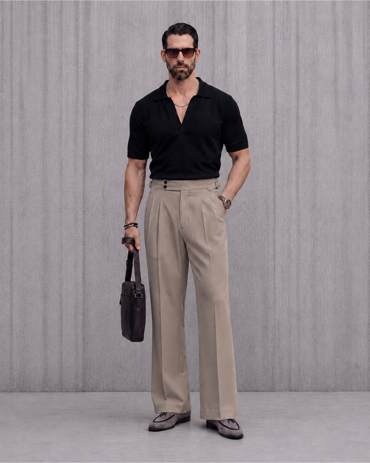 Taupe Grey Flared Cut Double Pleated Trousers (Fit 401 : Flared Cut - High Rise)