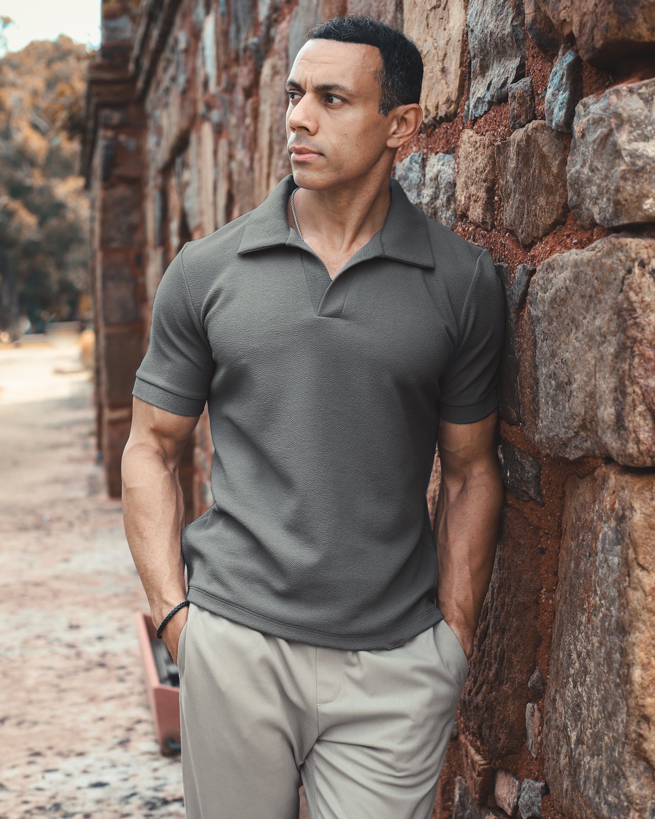 Grey Johnny Collar Textured Polo