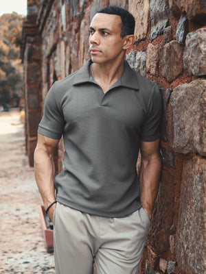 Grey Johnny Collar Textured Polo