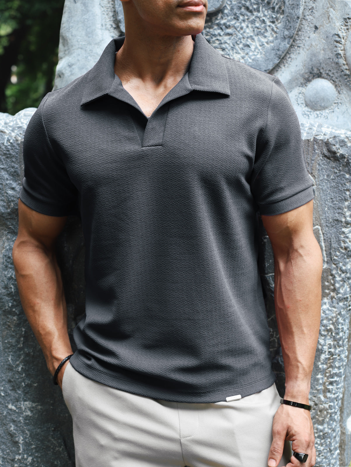 Grey Johnny Collar Textured Polo
