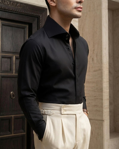 Black High Stand 2-Buttons Cut-away Collar shirt