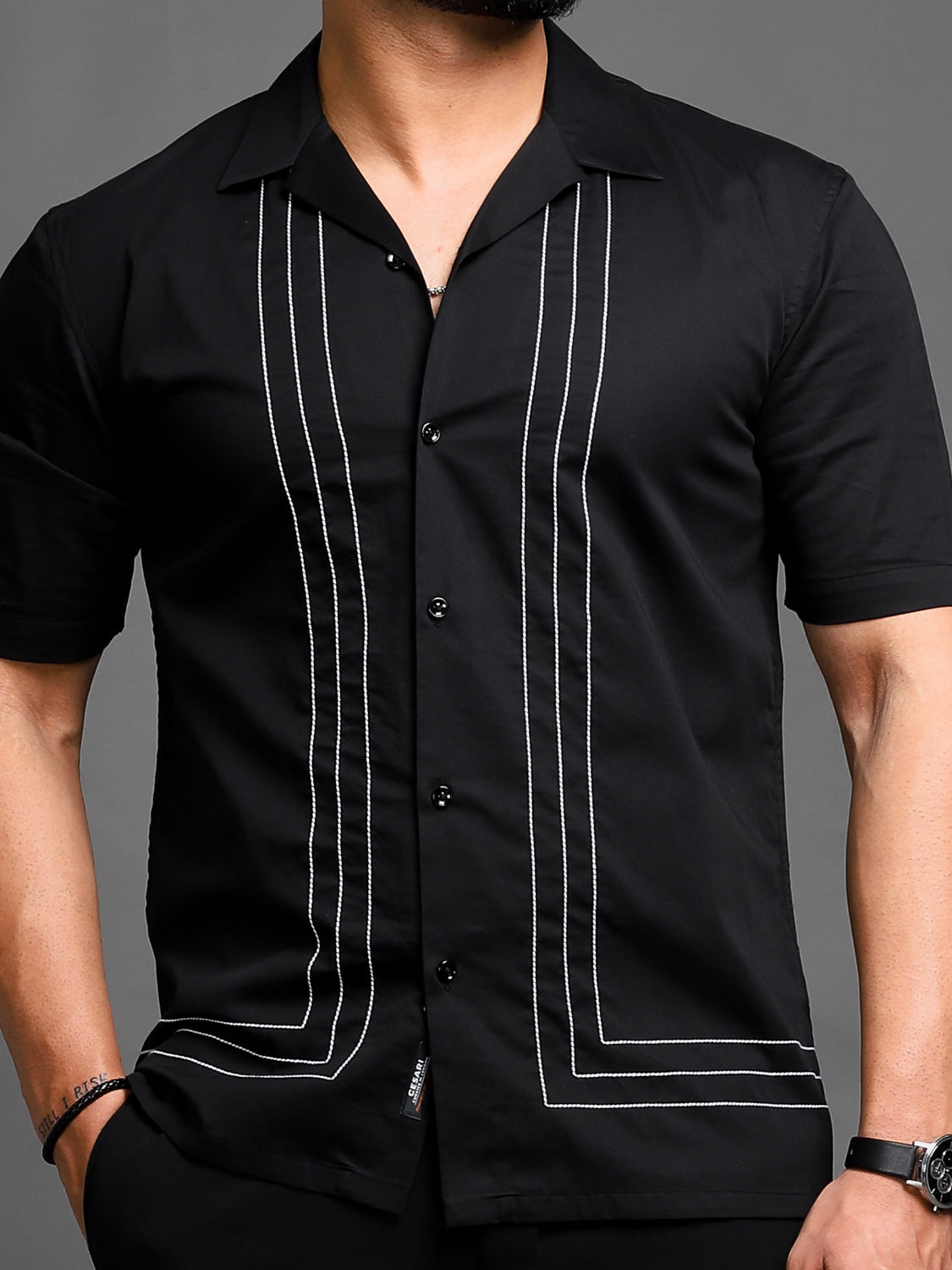 Buy CESARI LONDON Jade Topstitched Border Cuban Slim Fit Cotton Casual  Shirt - Shirts for Men 24609328
