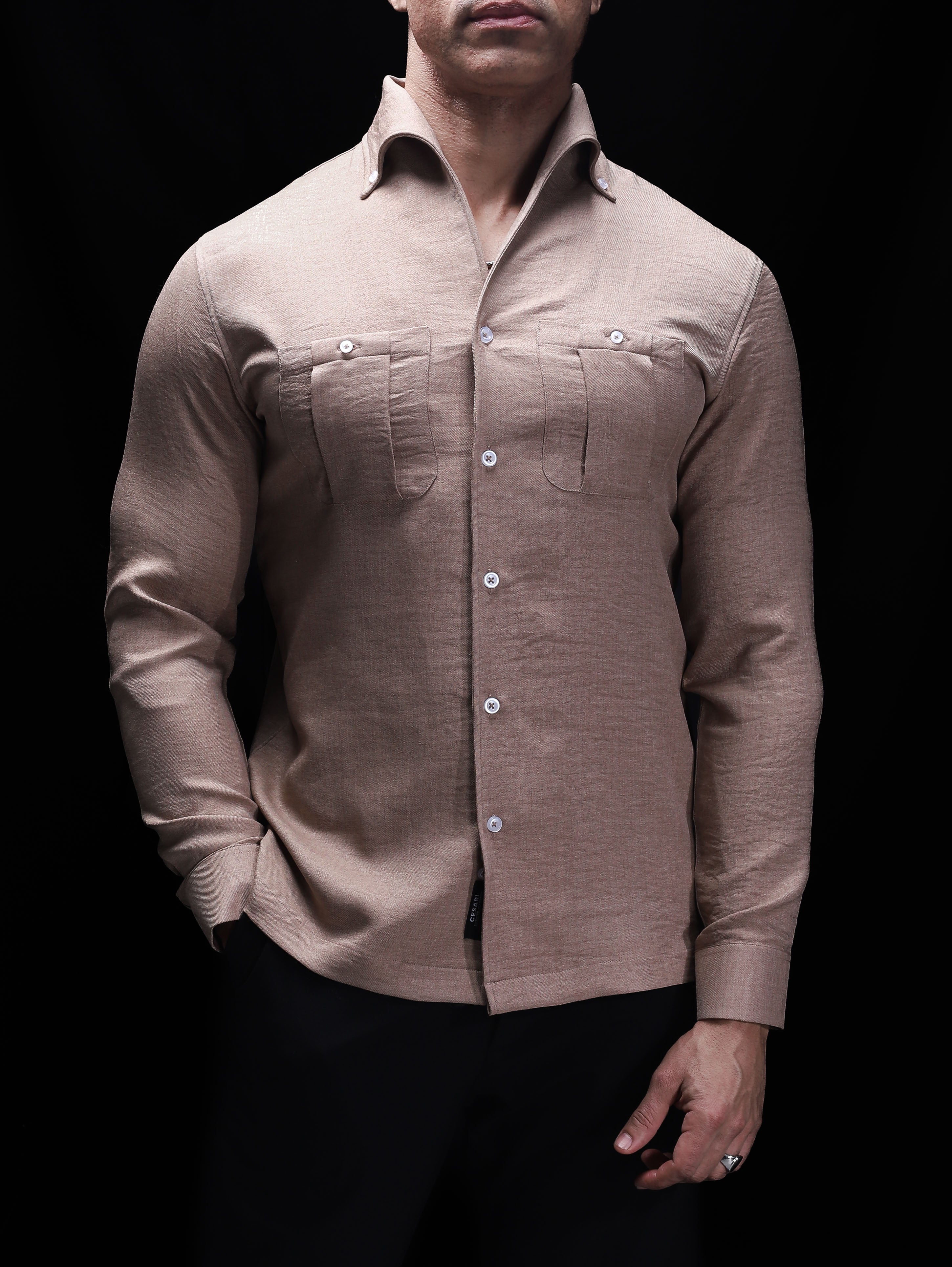 Sand One Piece Button-Down Cut Away Collar Shirt