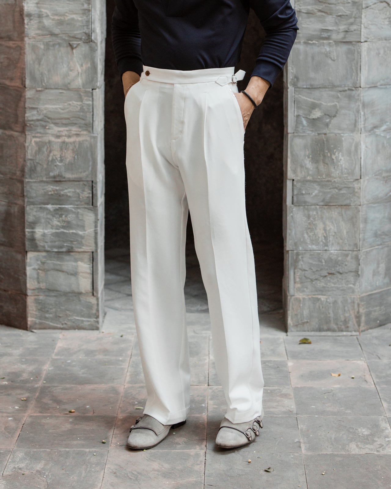 White Tailored Wide Single Pleated Trousers (Fit 301 : Tailored Wide Leg - High Rise)