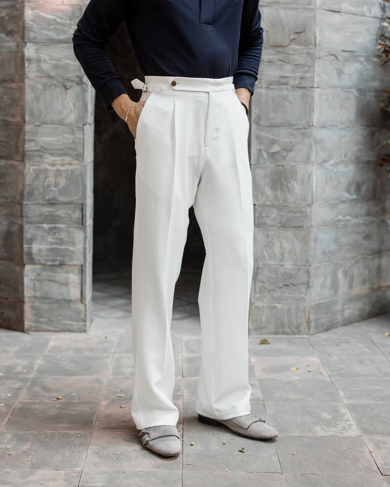 White Tailored Wide Single Pleated Trousers (Fit 301 : Tailored Wide Leg - High Rise)