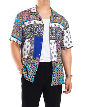 Blue Scarf Print 100% Pure Linen Shirt